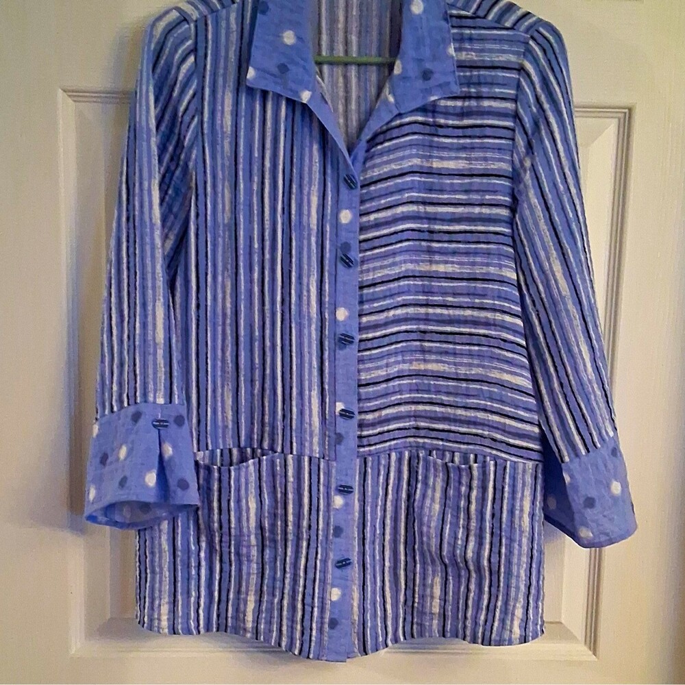 Habitat Women's Sz S Blue/White Striped Cotton Woven Collared 3/4 Sleeve Blouse